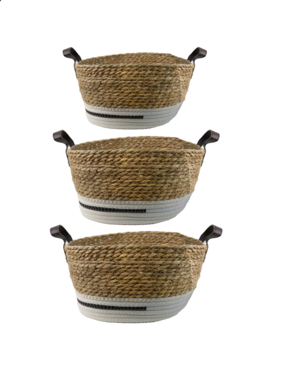 SET DE 3 CANASTOS TEJIDOS EN FIBRA NATURAL Y TELA CON MANILLAS CAFÉ