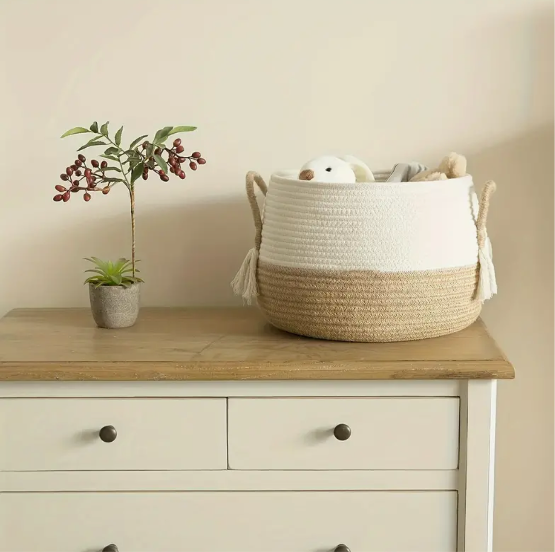 SET DE 3 CESTA TEJIDA DE YUTE Y TELA CON AZAS, BLANCO/BEIGE