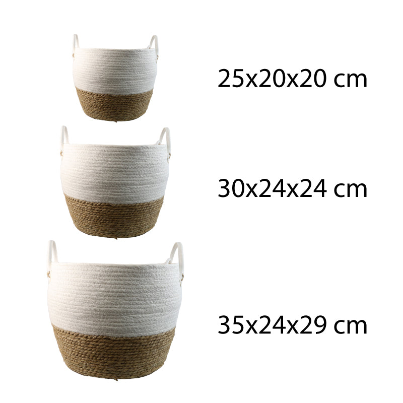 SET DE 3 CESTA TEJIDA DE YUTE Y TELA CON AZAS, BLANCO/BEIGE