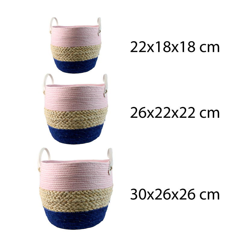 SET DE 3 CESTAS TEJITA DE YUTE Y TELA CON AZAS, ROSA/BEIGE/AZUL