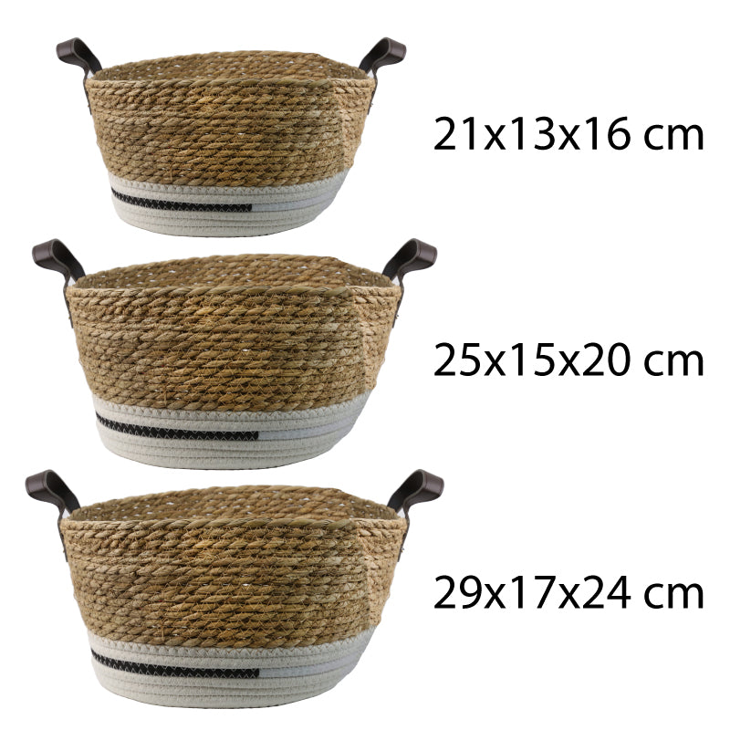 SET DE 3 CANASTOS TEJIDOS EN FIBRA NATURAL Y TELA CON MANILLAS CAFÉ