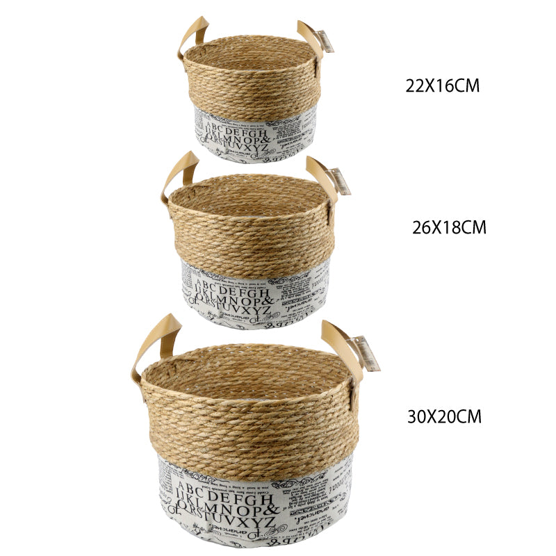 SET DE 3 CESTAS TEJIDAS DE YUTE Y TELA CON AZAS