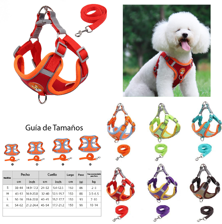 ARNÉS AJUSTABLE + CORREA PARA PERROS CON REFLECTANTE