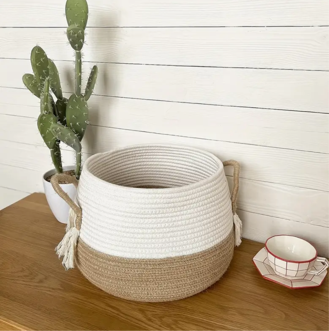 SET DE 3 CESTA TEJIDA DE YUTE Y TELA CON AZAS, BLANCO/BEIGE