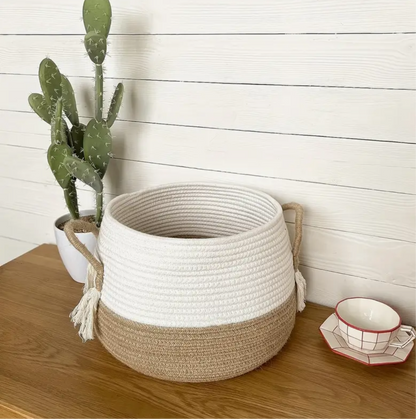 SET DE 3 CESTA TEJIDA DE YUTE Y TELA CON AZAS, BLANCO/BEIGE
