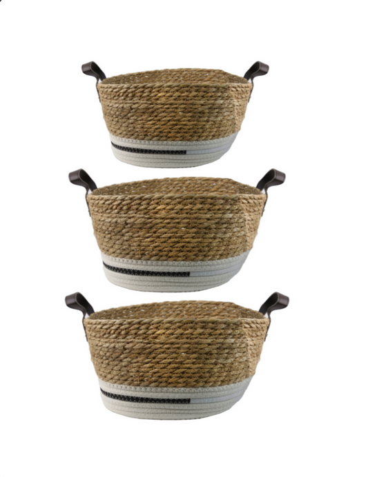 SET DE 3 CANASTOS TEJIDOS EN FIBRA NATURAL Y TELA CON MANILLAS CAFÉ