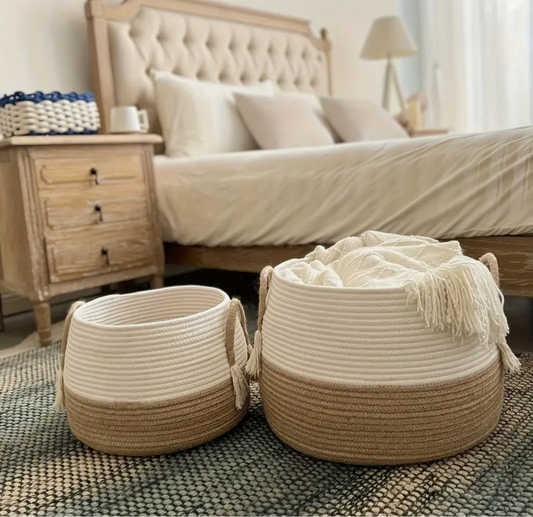 SET DE 3 CESTA TEJIDA DE YUTE Y TELA CON AZAS, BLANCO/BEIGE