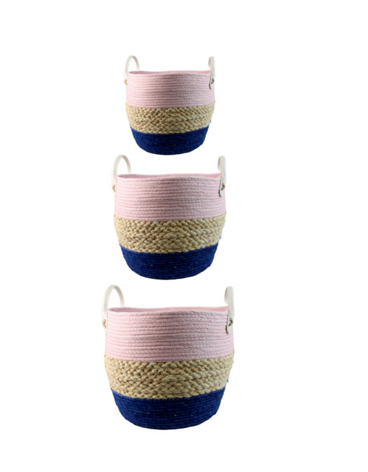SET DE 3 CESTAS TEJITA DE YUTE Y TELA CON AZAS, ROSA/BEIGE/AZUL