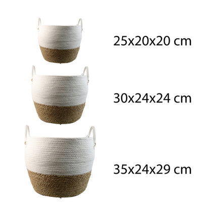 SET DE 3 CESTA TEJIDA DE YUTE Y TELA CON AZAS, BLANCO/BEIGE