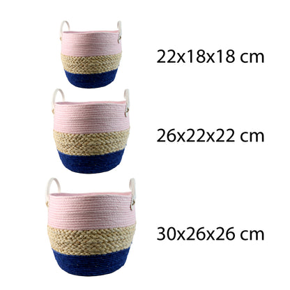 SET DE 3 CESTAS TEJITA DE YUTE Y TELA CON AZAS, ROSA/BEIGE/AZUL