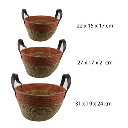 SET DE 3 CANASTOS TEJIDOS CON FIBRA NATURAL Y TELA CON MANILLAS