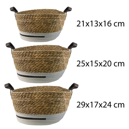SET DE 3 CANASTOS TEJIDOS EN FIBRA NATURAL Y TELA CON MANILLAS CAFÉ