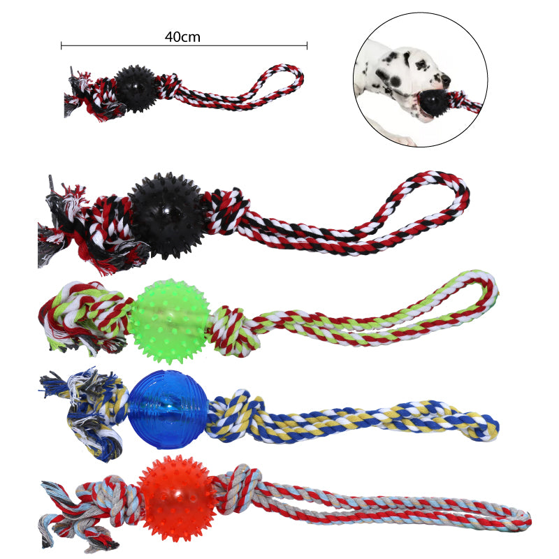 CUERDA PARA PERRO CON BOLA GRANDE DE ESPINAS DE GOMA