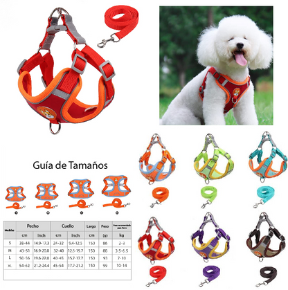 ARNÉS AJUSTABLE + CORREA PARA PERROS CON REFLECTANTE