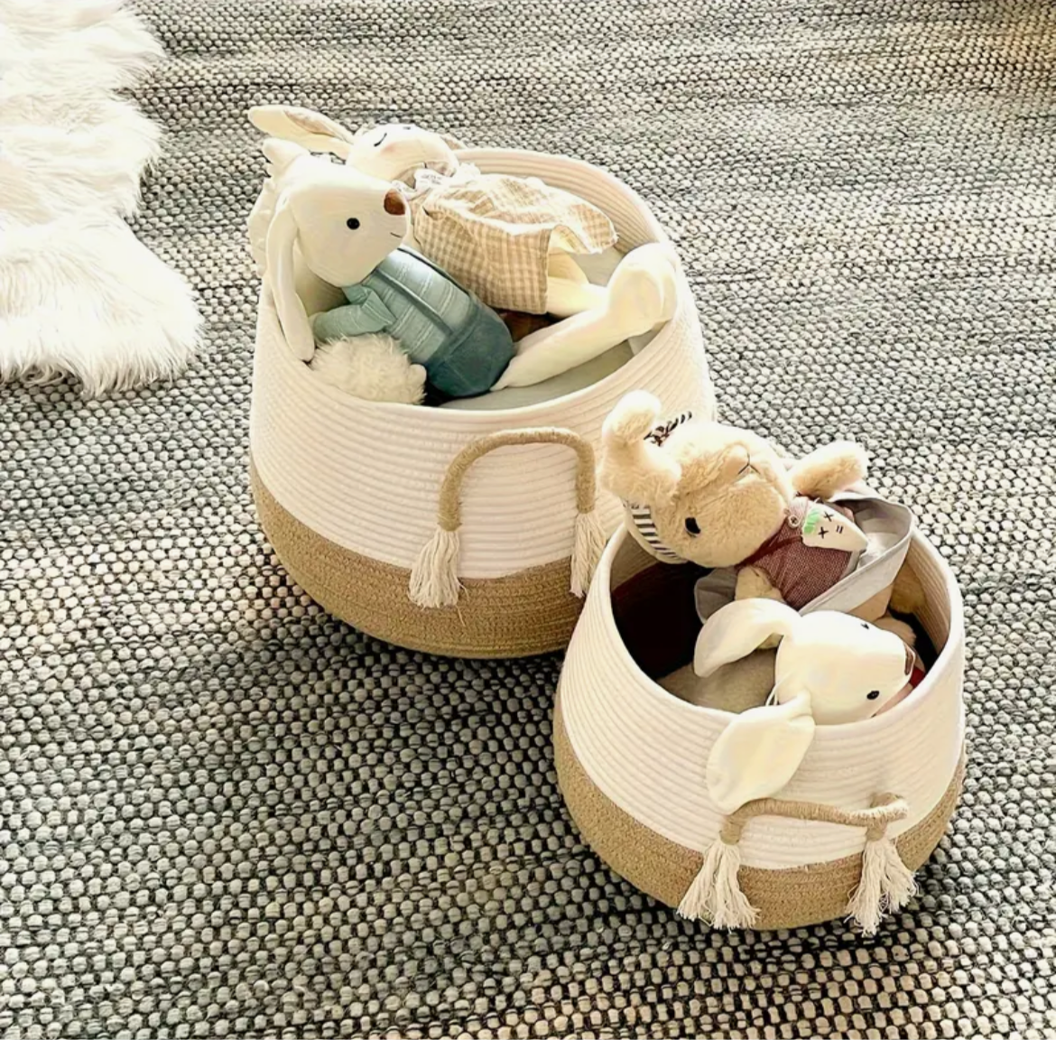 SET DE 3 CESTA TEJIDA DE YUTE Y TELA CON AZAS, BLANCO/BEIGE