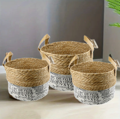 SET DE 3 CESTAS TEJIDAS DE YUTE Y TELA CON AZAS