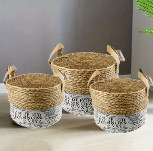 SET DE 3 CESTAS TEJIDAS DE YUTE Y TELA CON AZAS