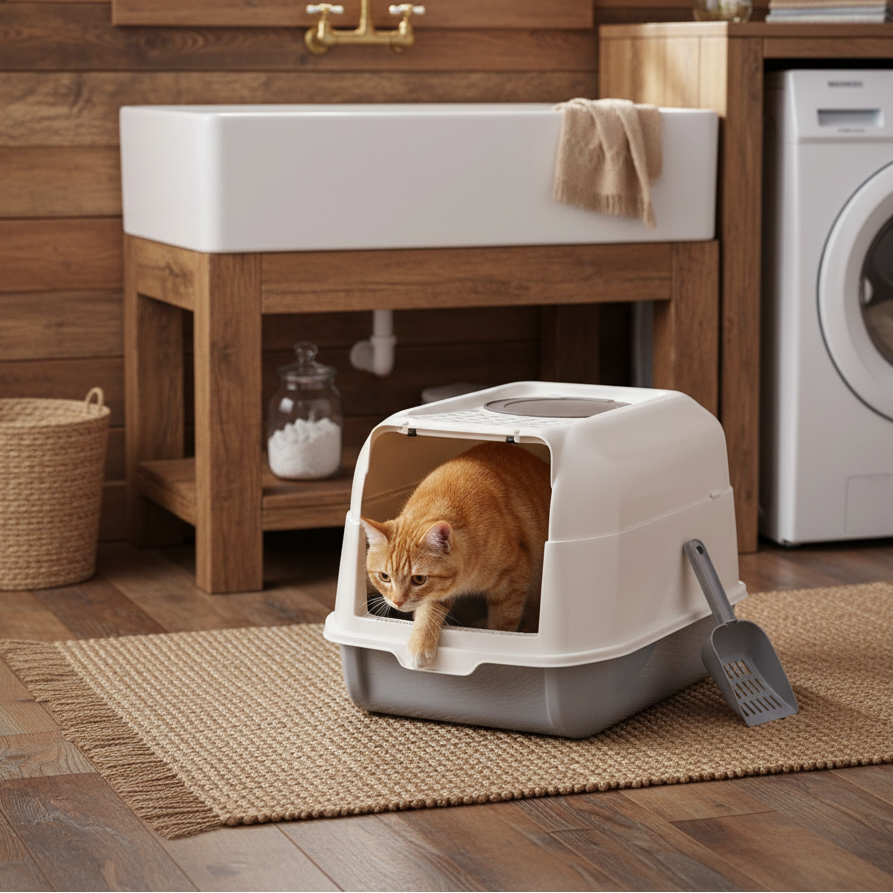 CAJA DE ARENA PARA GATOS CERRADA COLOR BEIGE