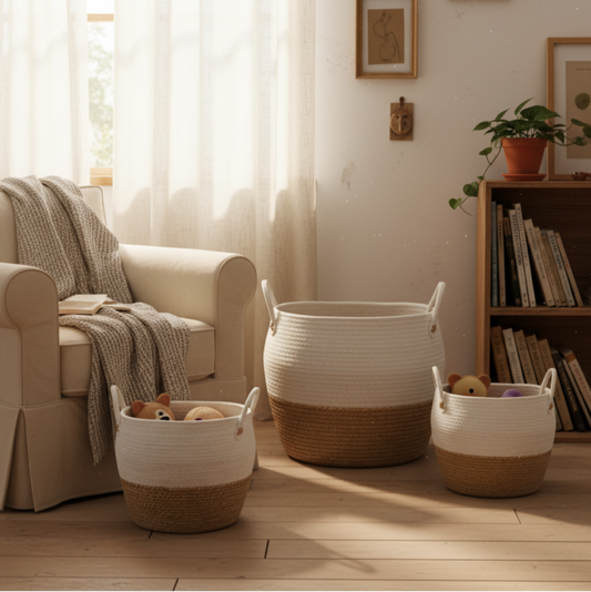 SET DE 3 CESTA TEJIDA DE YUTE Y TELA CON AZAS, BLANCO/BEIGE