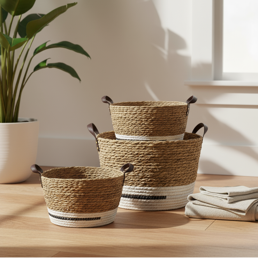 SET DE 3 CANASTOS TEJIDOS EN FIBRA NATURAL Y TELA CON MANILLAS CAFÉ