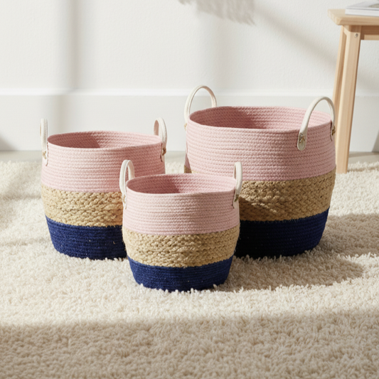 SET DE 3 CESTAS TEJITA DE YUTE Y TELA CON AZAS, ROSA/BEIGE/AZUL