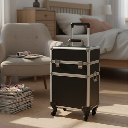 MALETA PARA COSMÉTICOS CON RUEDA Y 2 COMPARTIMIENTOS