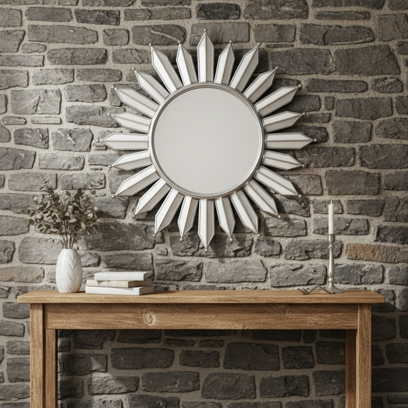 ESPEJO COLGANTE DECORATIVO DE PARED  - FLOR PLATEADO