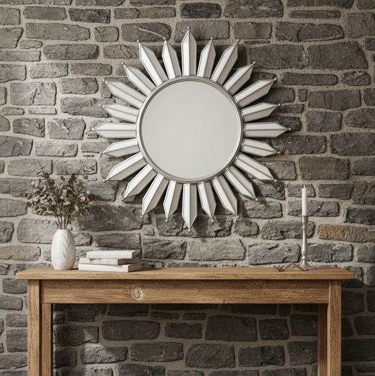 ESPEJO COLGANTE DECORATIVO DE PARED  - FLOR PLATEADO