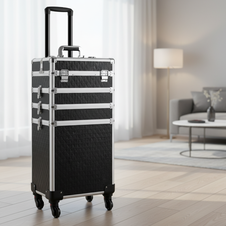 MALETA PARA COSMÉTICOS CON RUEDA Y  4 COMPARTIMIENTOS