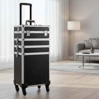 MALETA PARA COSMÉTICOS CON RUEDA Y  4 COMPARTIMIENTOS