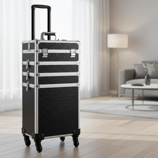 MALETA PARA COSMÉTICOS CON RUEDA Y  4 COMPARTIMIENTOS