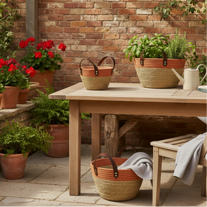 SET DE 3 CANASTOS TEJIDOS CON FIBRA NATURAL Y TELA CON MANILLAS