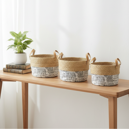 SET DE 3 CESTAS TEJIDAS DE YUTE Y TELA CON AZAS