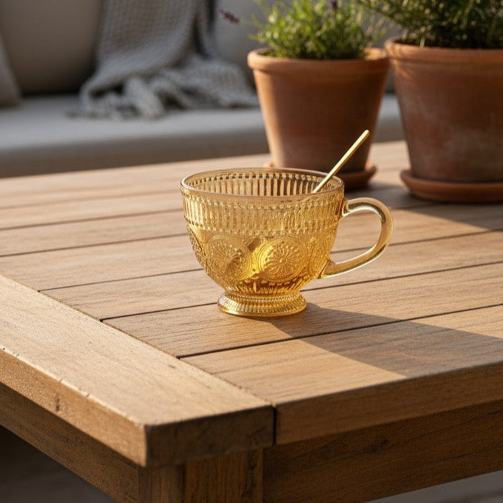 TAZA TRANSPARENTE DE CRISTAL DORADA