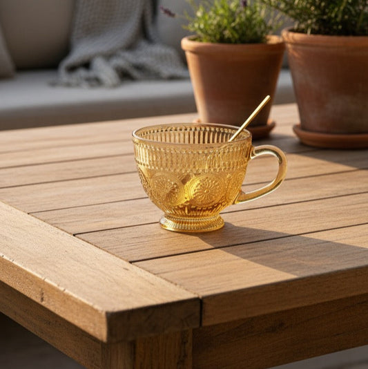 TAZA TRANSPARENTE DE CRISTAL DORADA