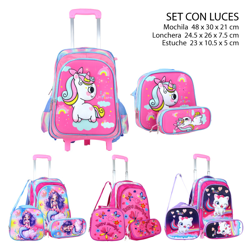 SET MOCHILA CON RUEDAS INFANTIL + LONCHERA Y ESTUCHE / CON LUCES